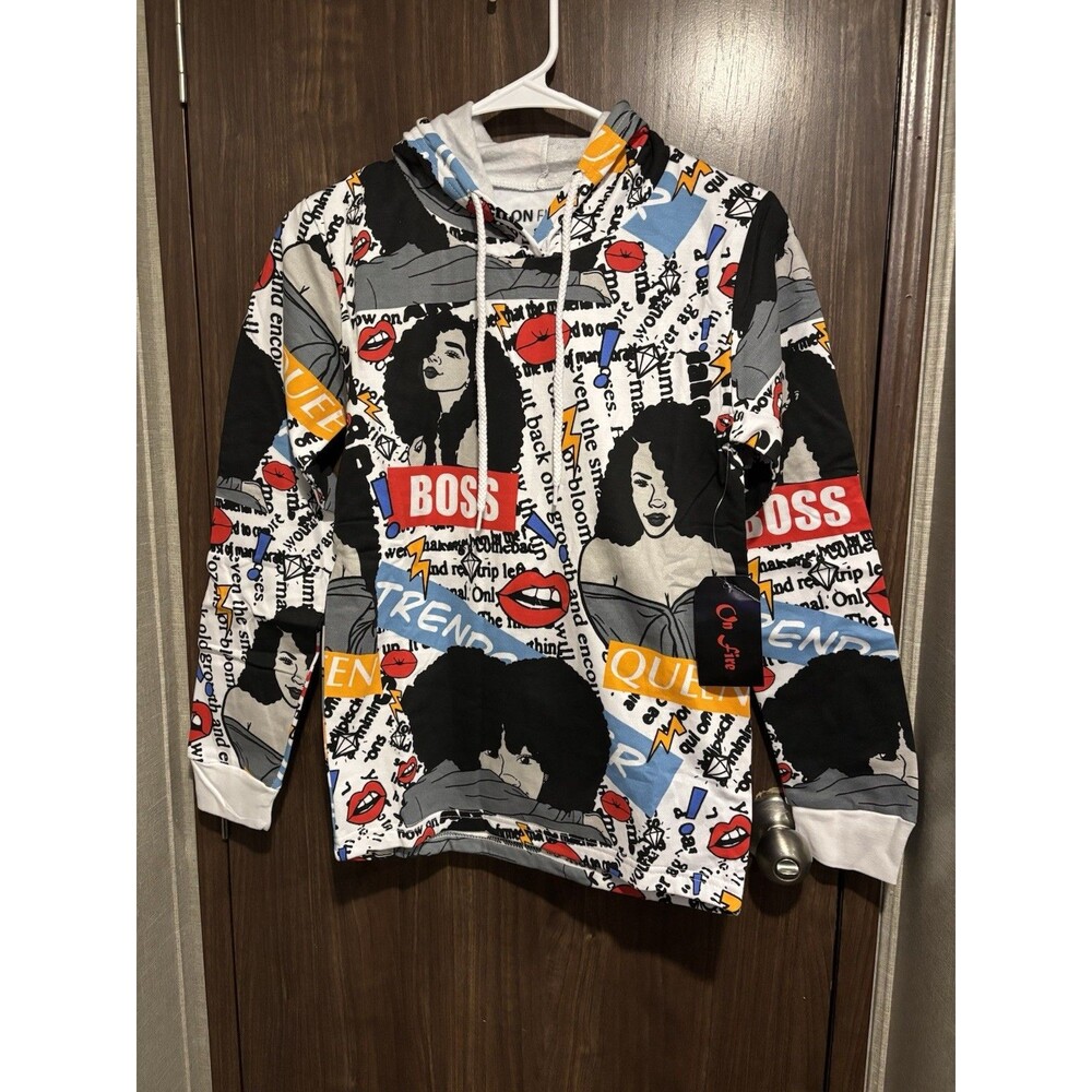 On Fire Women’s Queen Boss graphic print pullover hoodie Draw String Size S